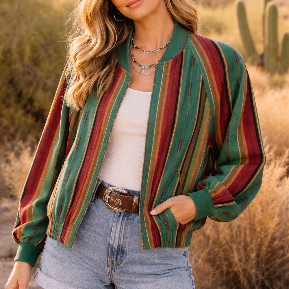 Striped Green Bomber Jacket with Multicolor Accents - Women's Lightweight Bomber